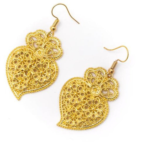 Gold Tone Viana Heart Filigree Earrings