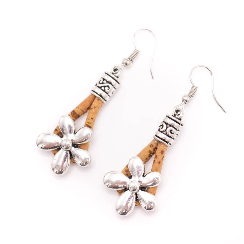 Silver and Natural Cork Flower Earrings