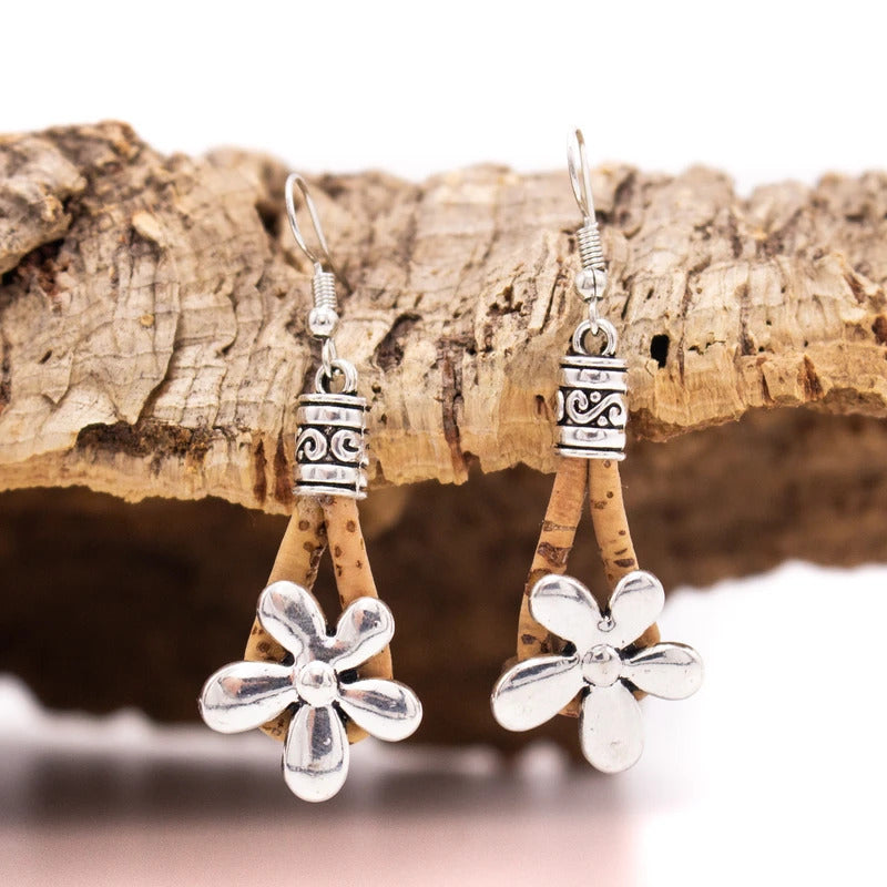 Silver and Natural Cork Flower Earrings