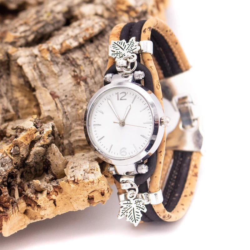 Unique Natural and Dark Cork Watch with Leaf Charms